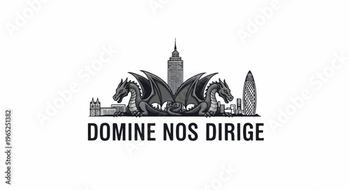 Two mythical creatures guard a city skyline under a Latin phrase