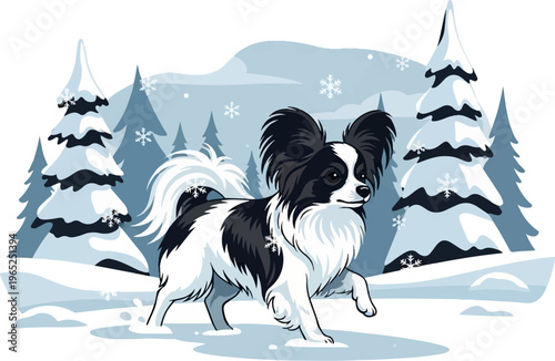 A small black and white dog trots through a snowy winter landscape with snow-covered trees