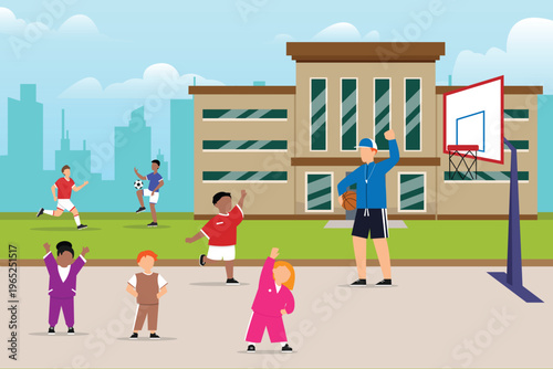 Diverse Kids Doing Sports and Physical Activities with Coach in School Yard 2d flat vector illustration