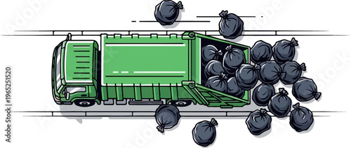 A green garbage truck collects many black trash bags on the street