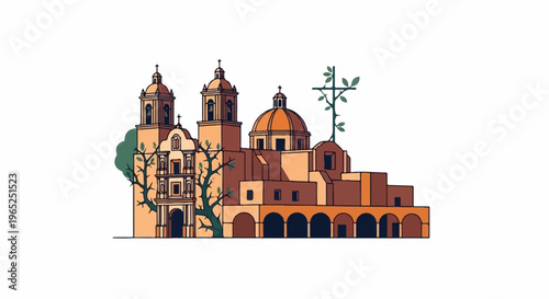 Stylized desert mission church with arched arcade, domes, and cross
