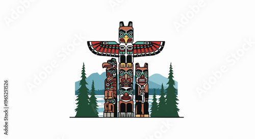 Stylized depiction of totem poles and evergreen trees against a mountainous backdrop