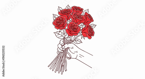 A hand holds a bouquet of vibrant red roses, tied with a ribbon