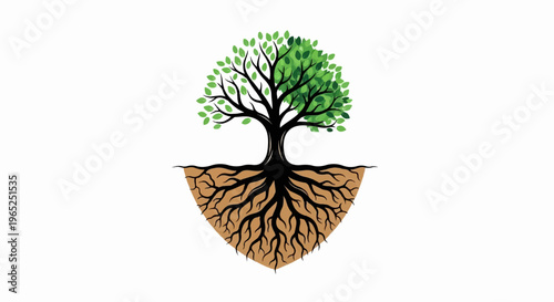 A stylized tree with vibrant green leaves and a complex root system