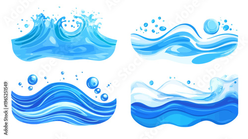 Four stylized illustrations depicting different aspects of water. Including waves, bubbles, and splashes in blue