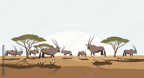 A herd of antelopes roam across a savanna landscape under a pale sky