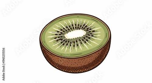 A hand-drawn, cross-section illustration of a kiwi fruit