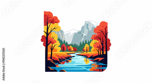 Autumnal landscape with vibrant trees, river, and snowy mountains