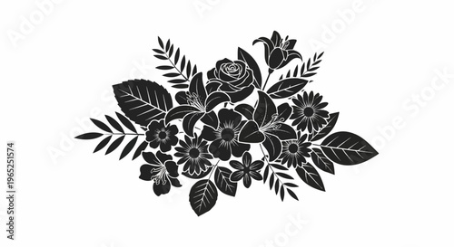 A monochrome floral arrangement featuring roses, lilies, and other delicate blooms