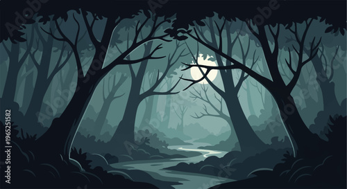 A mysterious, moonlit forest scene with a winding stream