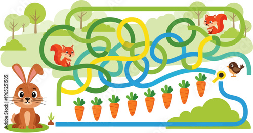 A playful maze with a bunny, squirrels, and a bird amidst carrots and trees