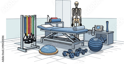 A physical therapy room with exercise equipment, a skeleton, and a treatment table