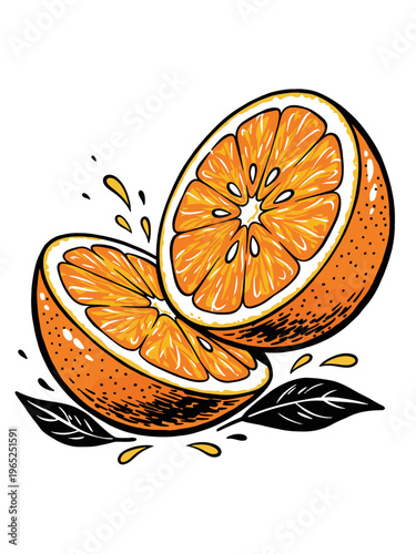 Fresh orange halves with juice splashes vector. Citrus fruit illustration. Hand drawn food design element. Organic healthy snack concept.