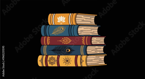 Stack of five decorative books with intricate patterns