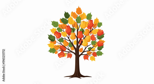 A stylized deciduous tree displays autumnal foliage in red, orange, yellow, and green hues