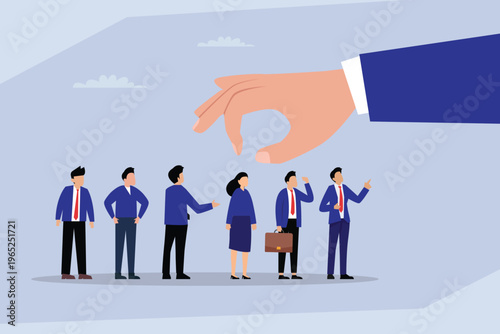 Giant Hand Picking Best Candidate from a Row of Business Professionals for Recruitment and Hiring Concept 2d flat vector illustration