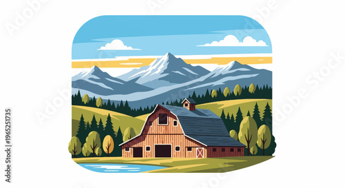 Rustic wooden barn sits by a tranquil pond, backed by rolling hills and majestic mountains