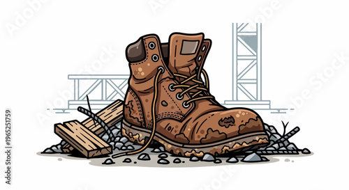 A worn, muddy work boot rests on construction debris at a site