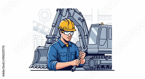A worker in safety gear holds a wrench next to a large excavator