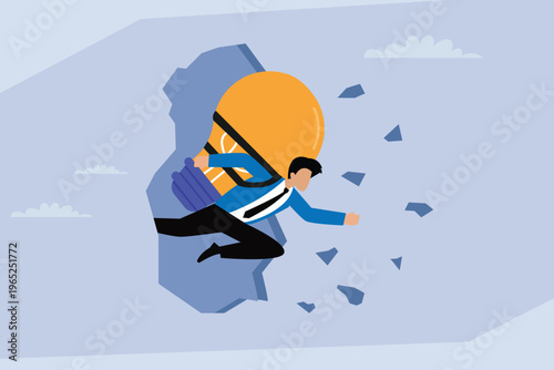 Businessman Breaking Through Wall with Light Bulb Jetpack for Creative Innovation and Success 2d flat vector illustration