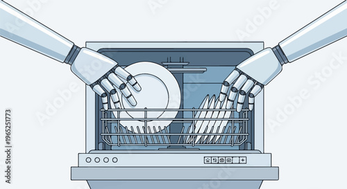 Robotic arms load plates and cutlery into an open dishwasher