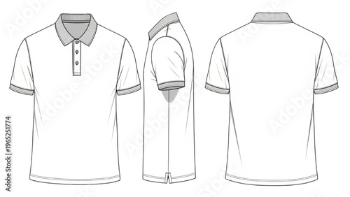Vector CAD design style drawings of a white polo shirt in three views
