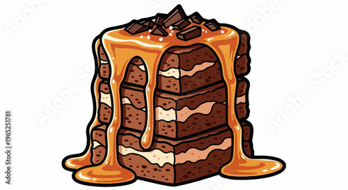 Rich chocolate cake layers topped with melted caramel and chocolate chunks