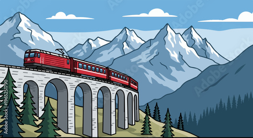 Red train crosses a stone viaduct amidst snowy mountains