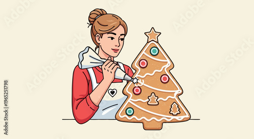 A woman decorates a Christmas tree-shaped cookie with icing