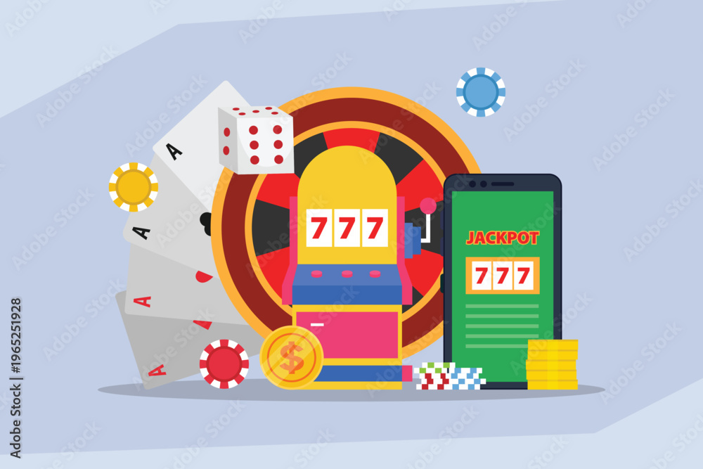 Fototapeta premium Online Casino and Mobile Gambling Concept with Slot Machine and Roulette 2d flat vector illustration