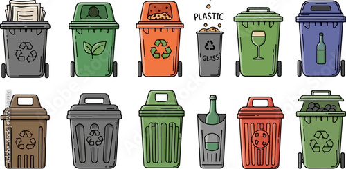 Collection of various wheeled bins for different waste types and recycling