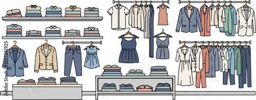 Collection of folded and hanging clothing displayed on shelves and racks
