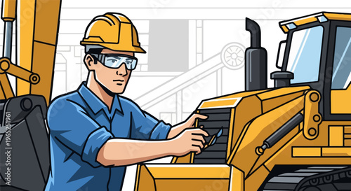 Construction worker in hard hat inspects heavy yellow machinery