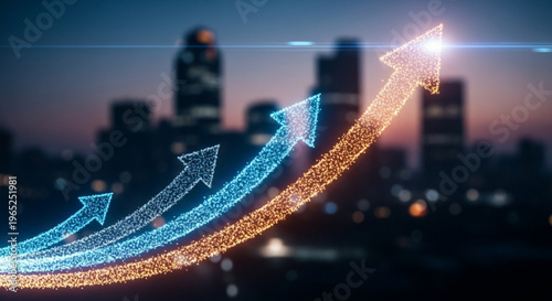 A stylized illustration of upward trending arrows in a cityscape at dusk