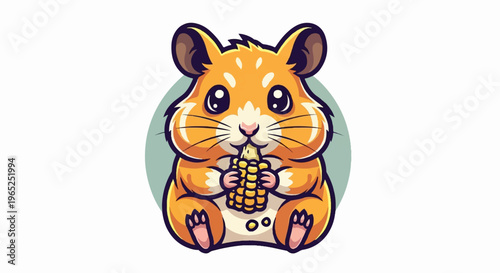 Cute cartoon hamster happily eating a piece of corn on the cob
