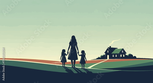 Family walks home from a day in the fields at dusk