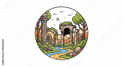 Ancient stone ruins with overgrown vegetation and a winding river