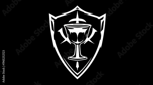 A stark white, medieval-style emblem of a chalice within a crest-shaped border, all on a black backdrop