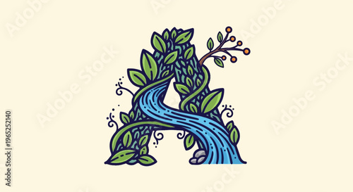 Nature-inspired letter A with flowing water, leaves, and berries