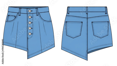 Vector CAD design style illustration of blue denim shorts