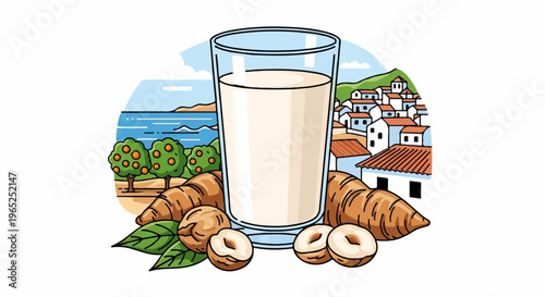 Glass of milk, hazelnuts, oranges, and village by the sea