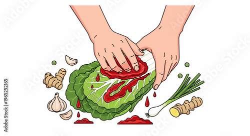 Hands preparing napa cabbage with red paste and spices