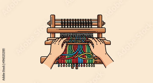 Hands weaving colorful threads on a wooden loom