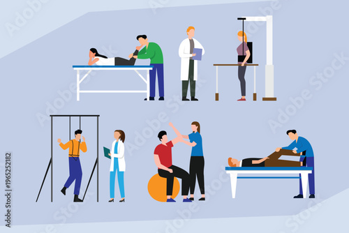 Physical Therapy and Rehabilitation Clinic Patients Working with Physiotherapists and Specialists 2d flat vector illustration
