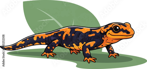 Cartoon salamander with orange and black markings on green background