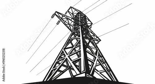Massive steel tower supporting high-voltage power lines against a clear sky