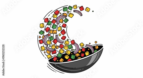 Colorful diced ingredients falling into a black bowl, dynamic motion captured