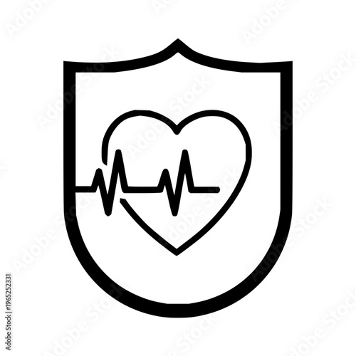 Health insurance and medical protection icon featuring a heart with a cardiogram pulse inside a shield emblem