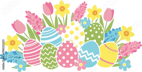 Colorful decorated Easter eggs with spring flowers and foliage