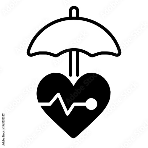 A stylized icon depicting a heart with a cardiogram pulse line, symbolizing health and life, sheltered by an umbrella, representing protection and security in a medical or insurance context